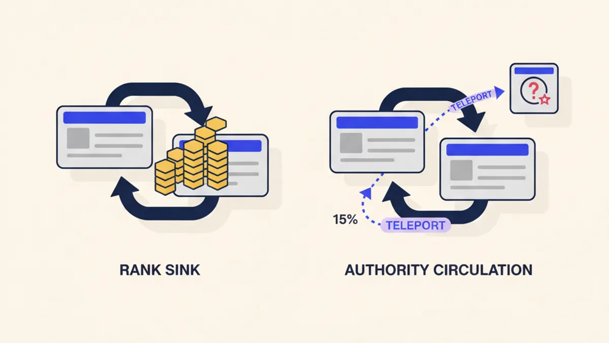 Diagram of a rank sink where two pages loop, beside a teleport arrow that lets PageRank escape the loop
