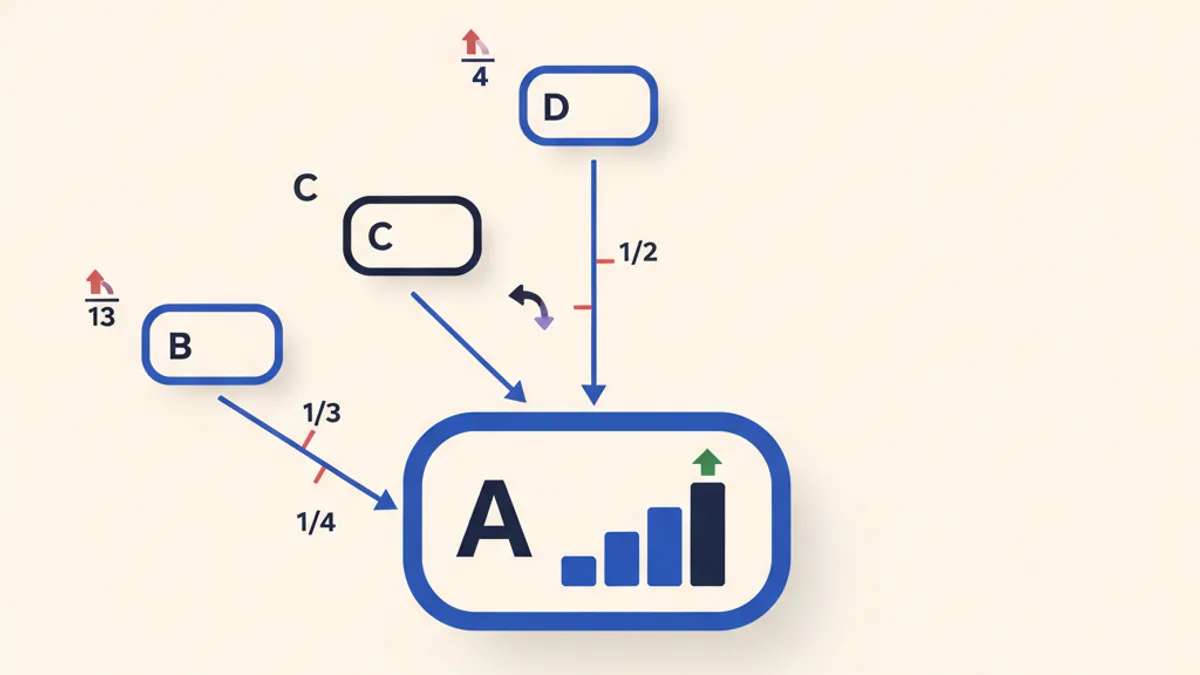 Node diagram showing PageRank being split across each page's outbound links and accumulating on the target page