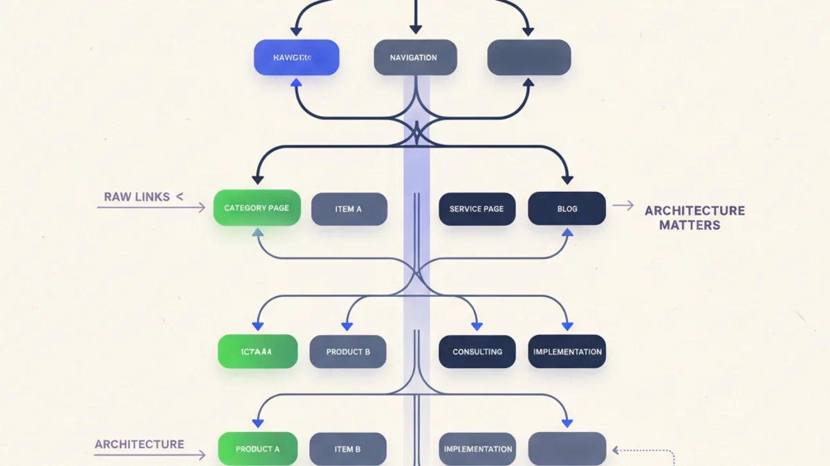 Site tree showing PageRank fading with depth, with a deep buried page flagged as starved of authority