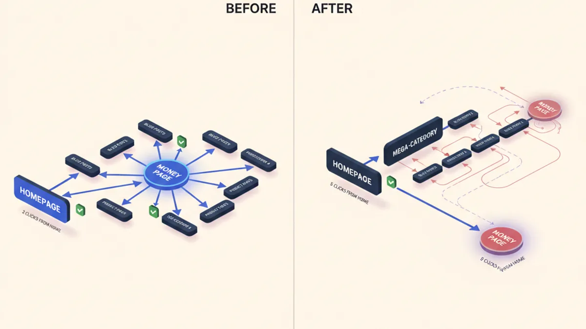 Before and after internal link graphs showing a money page demoted deeper into the site after a redesign despite clean redirects