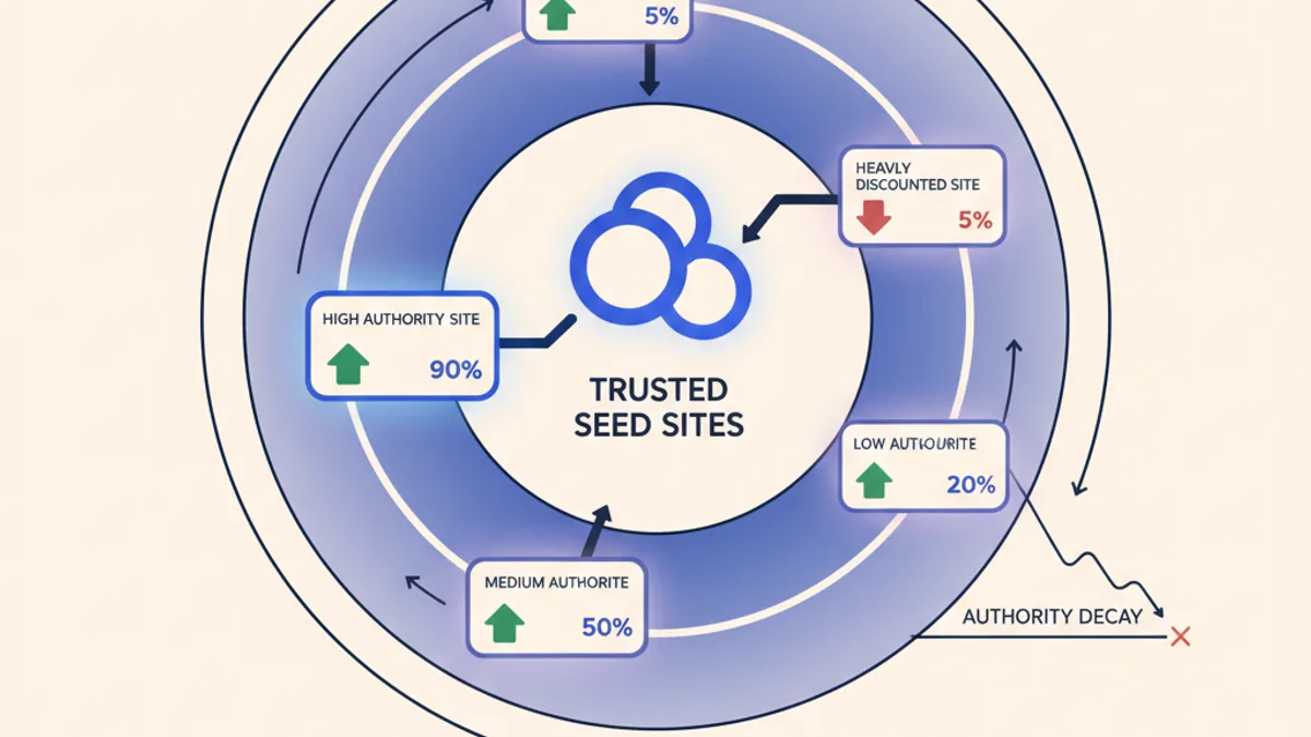 Concentric rings around trusted seed sites showing PageRank discounted more heavily the further a site sits from the center