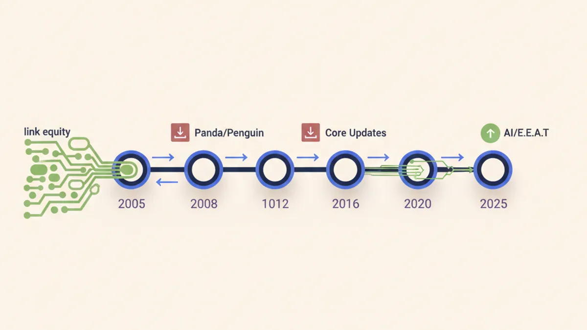 Timeline of Google updates from 2005 to 2025 showing PageRank flow through links progressively tightening